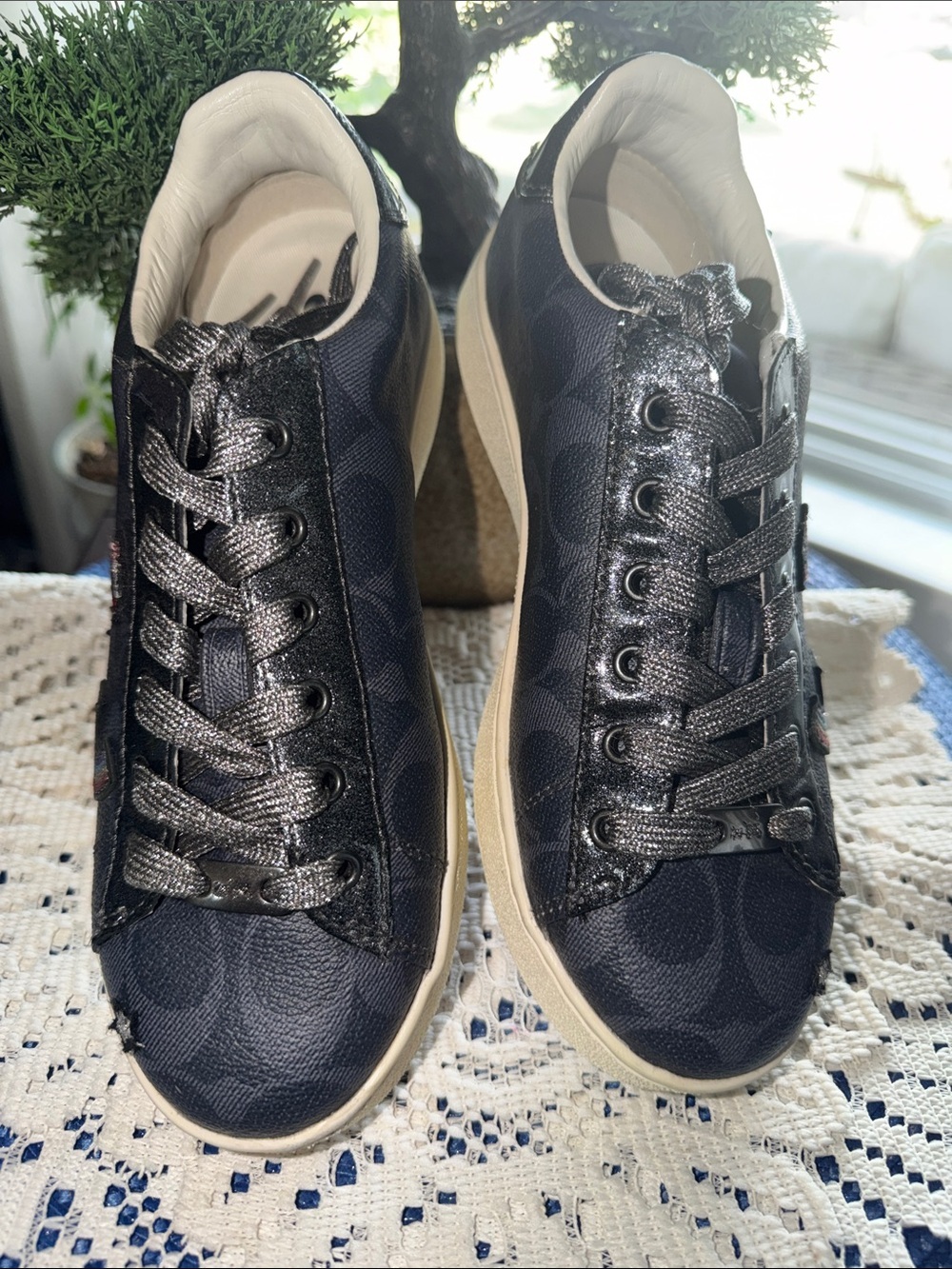 Coach Low-Top Sneakers Featuring Signature Coach Navy Blue Embossed Leather.
